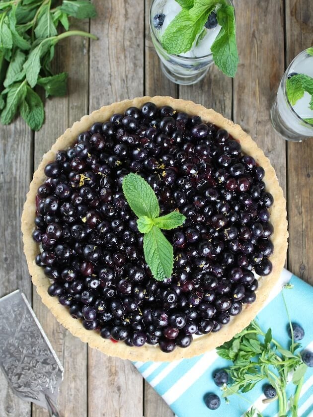 Blueberry Tart with mint and blueberry garnish