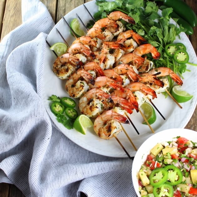 Skewers of shrimp on a plate