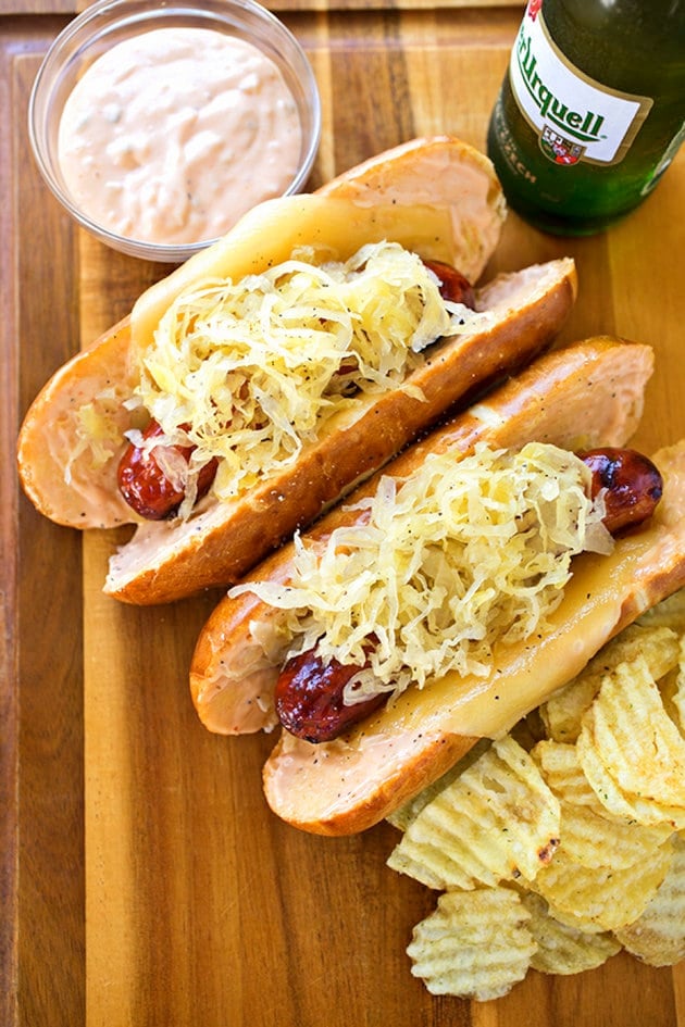 2 Reuben hot dogs with sauerkraut