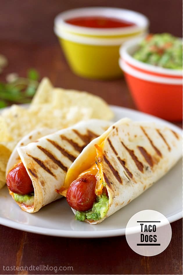 Two hot dogs in flour tortillas