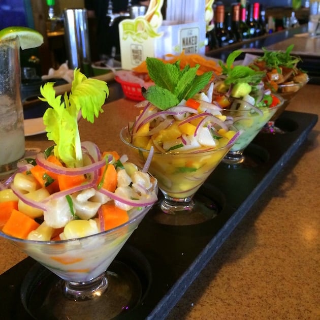 Four glass dishes of different Ceviche preparations at Turtle Kraals Restaurant Key West