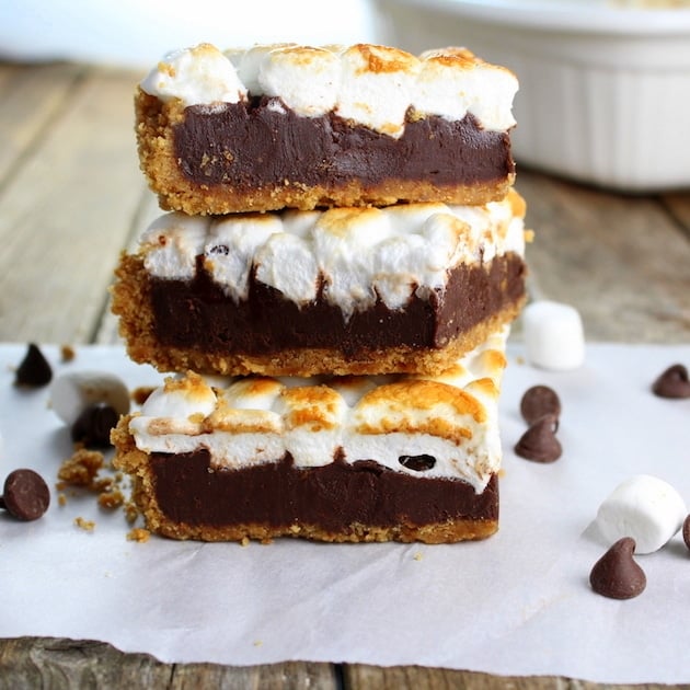 Three stacked Baked Nutella S\'mores squares