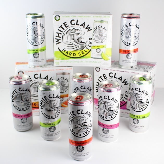 White Claw hard seltzer cans and boxes on display