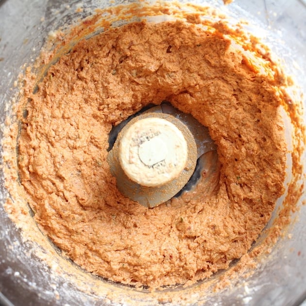 Sun Dried Goat Cheese dip in food processor after blending