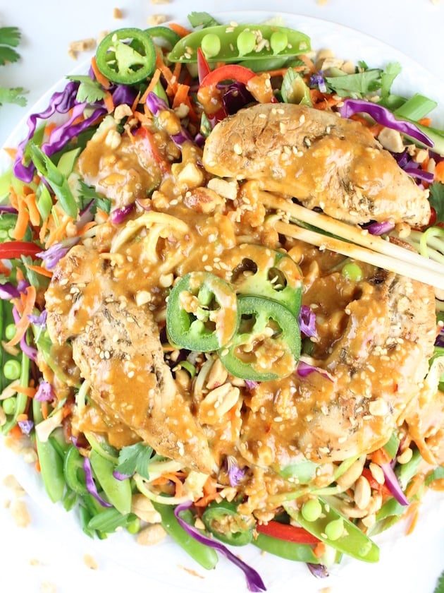 Peanut sauce on sauteed Chicken Satay Zoodle Salad