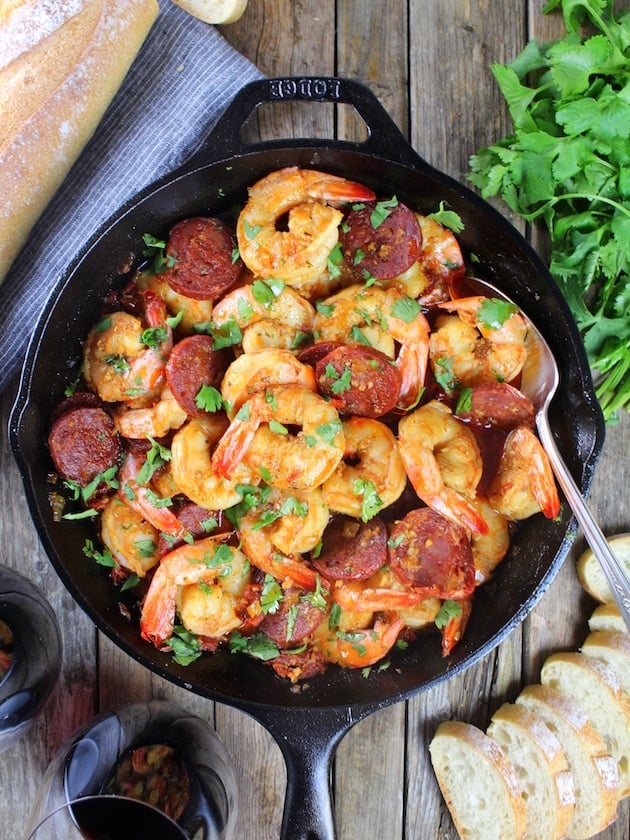 Cast Iron Garlic Shrimp With Chorizo and Green Olives Recipe