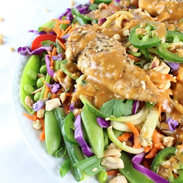 Eye level closeup of fresh vegetable zucchini noodle salad with Chicken Satay 