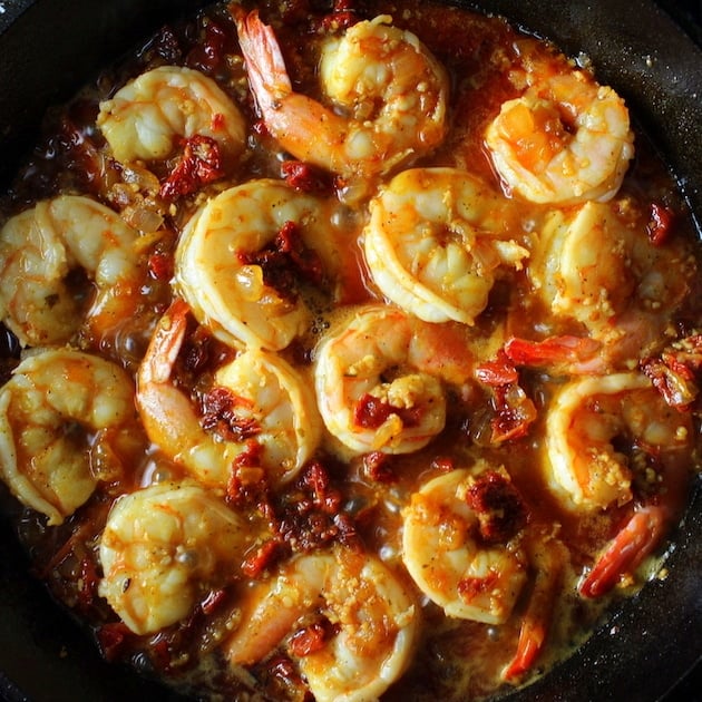 Top view of Sun-Dried Tomato Chorizo Garlic Shrimp in skillet