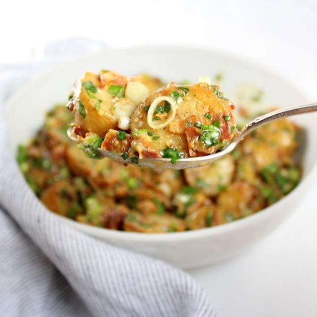 Spoonful of potato salad with full mixing bowl behind