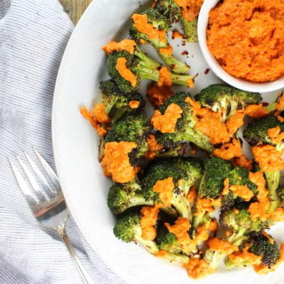 Grilled Broccoli with Garlic Roasted Red Pepper Sauce