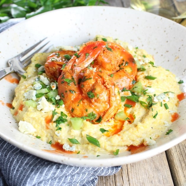 Bowl of Buffalo Shrimp and Blue Cheese Grits