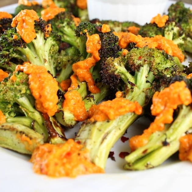 Grilled Broccoli with Garlic Roasted Red Pepper Sauce eye level