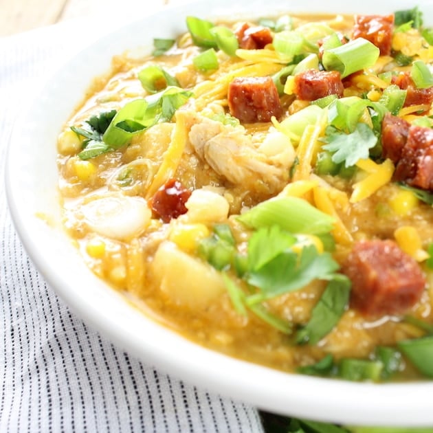 Bowl of Chicken Corn Chowder with chorizo