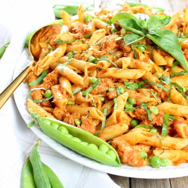 Spicy Chicken Pasta and Peas with Sun-Dried Tomato Sauce