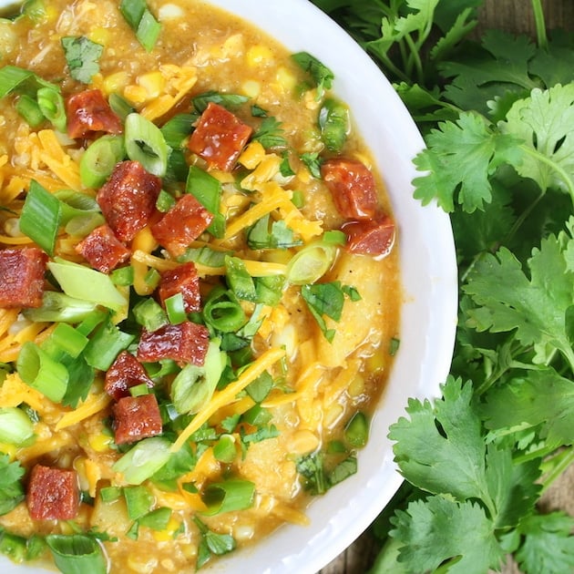 Partial bowl of Southwestern Chicken Corn Chowder