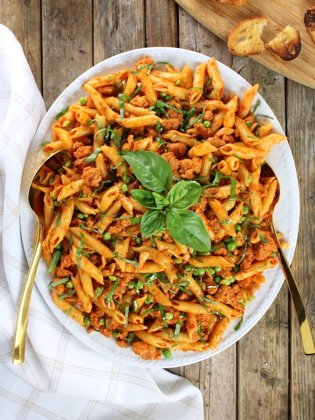 Large oval platter Spicy Chicken Pasta and Peas with Sun-Dried Tomato Sauce