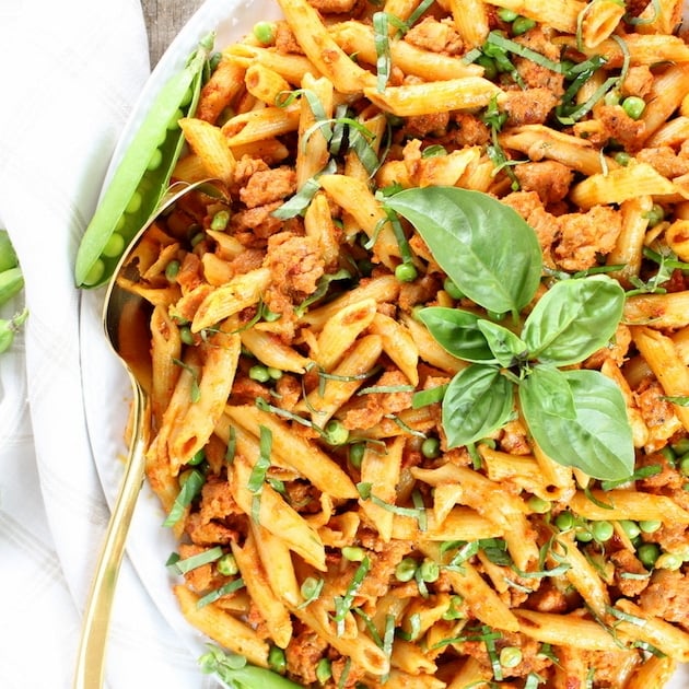 Spicy Chicken Pasta and Peas with Sun-Dried Tomato Sauce