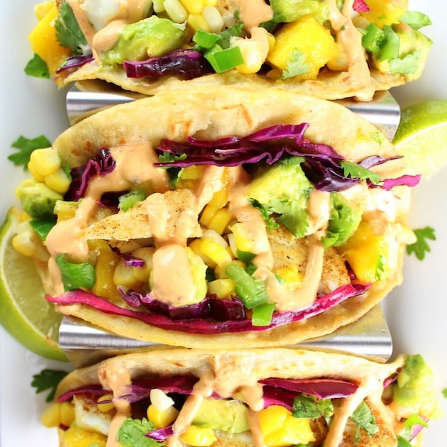 Close up of Fish Tacos with Mango Guacamole