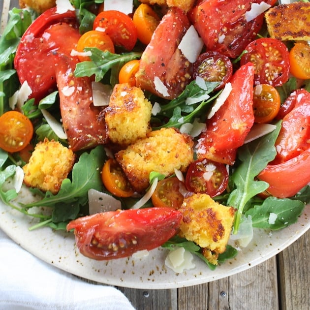 Partial platter close up Heirloom Tomato Cornbread Salad