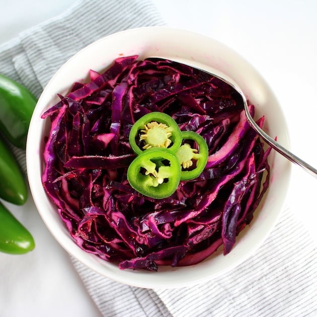 bowl of shredded purple cabbage