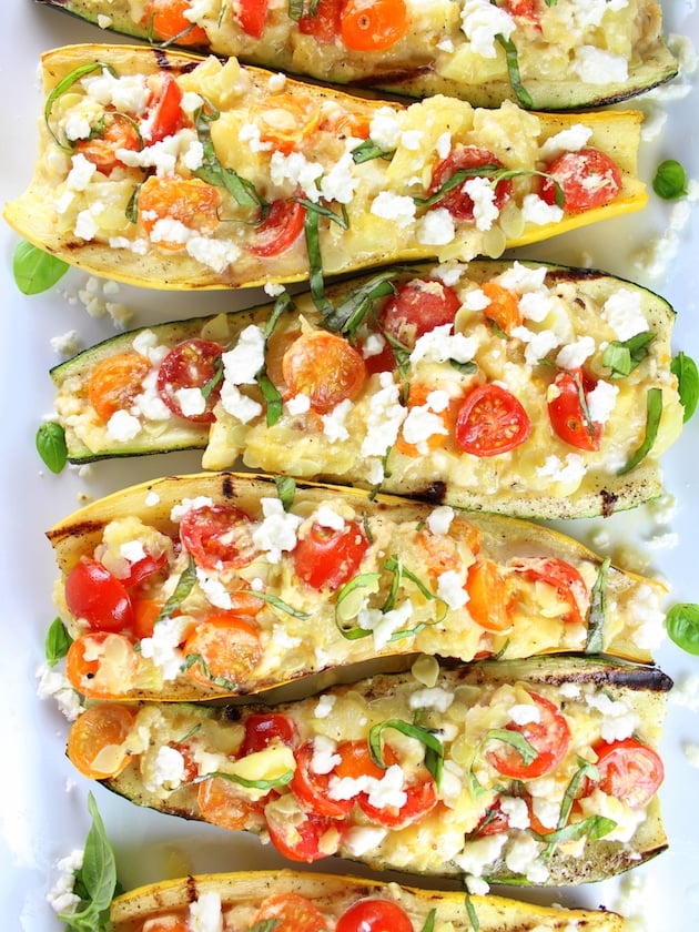 Close up platter of Tomato Feta Grilled Zucchini and Squash