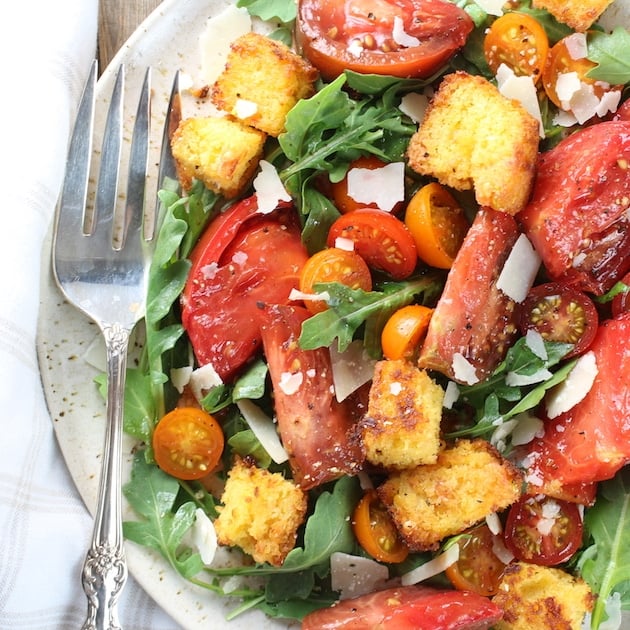 Partial platter Heirloom Tomato Cornbread Salad