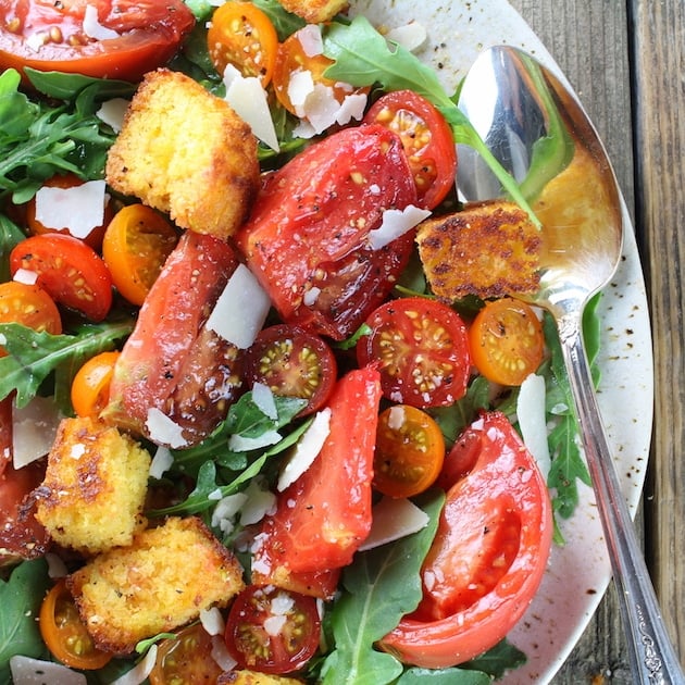 Partial close up Heirloom Tomato Cornbread Salad Recipe