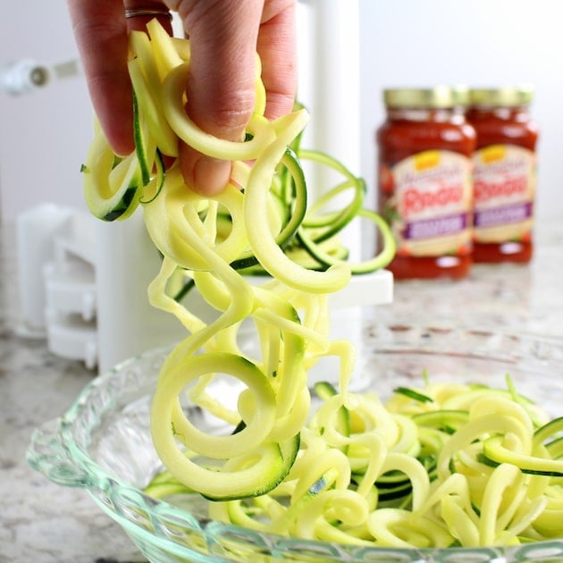 Close up eye level zucchini noodles