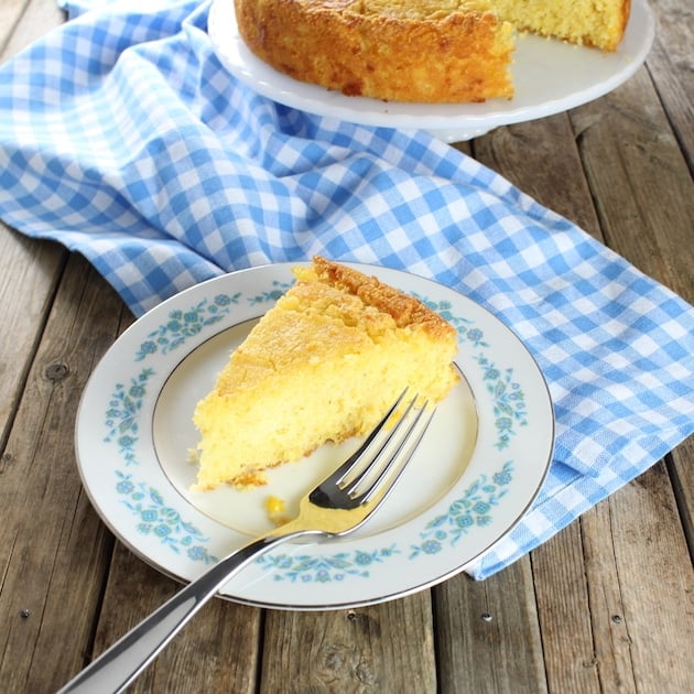 slice of cornbread on farm table 