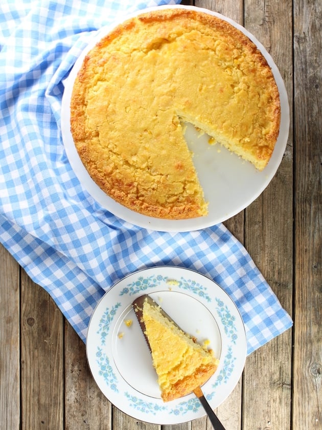 Over top Caribbean Cornbread with slice cut out 