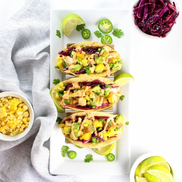 Fish Tacos with Mango Guacamole three in a row