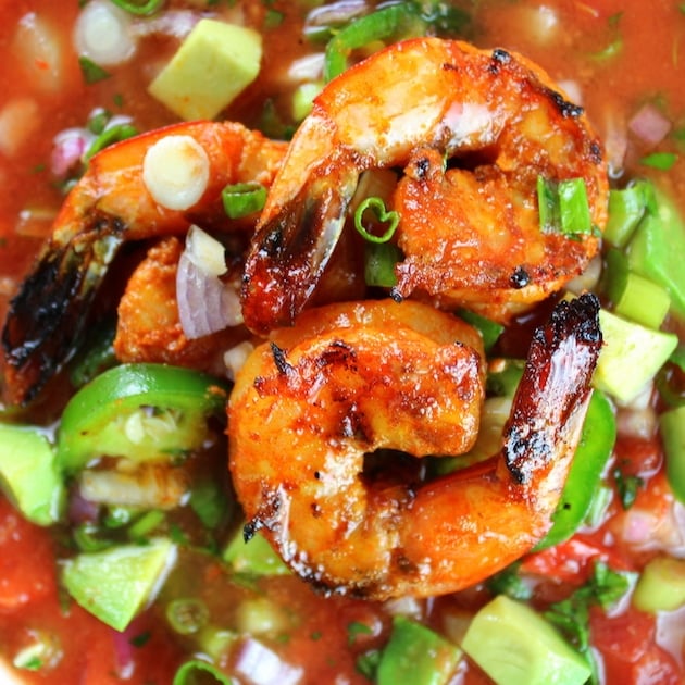 A close up of Shrimp and Gazpacho