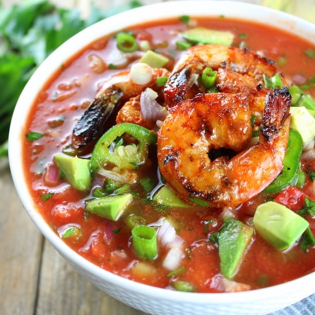 Close up Classic Gazpacho with Spicy Grilled Shrimp