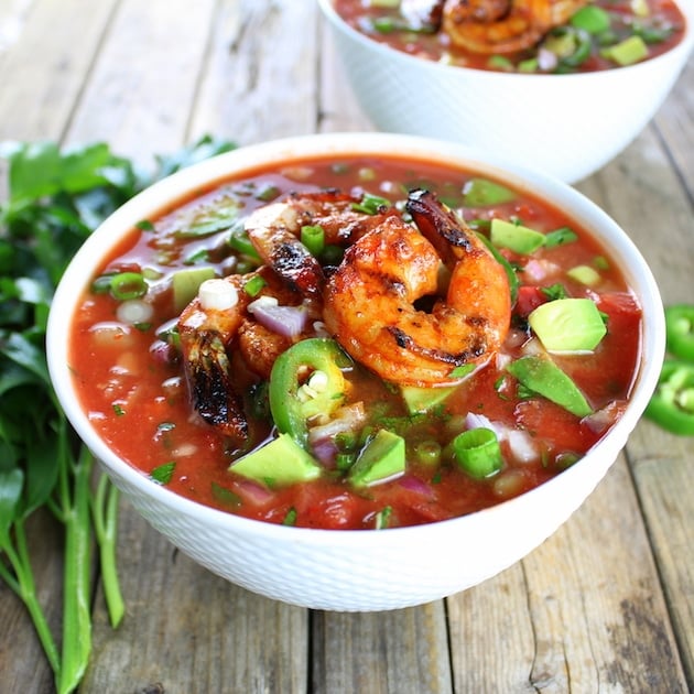 Classic Gazpacho with Spicy Grilled Shrimp