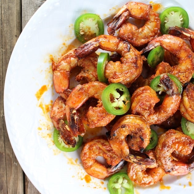 Bowl full of  Grilled Shrimp with jalapenos