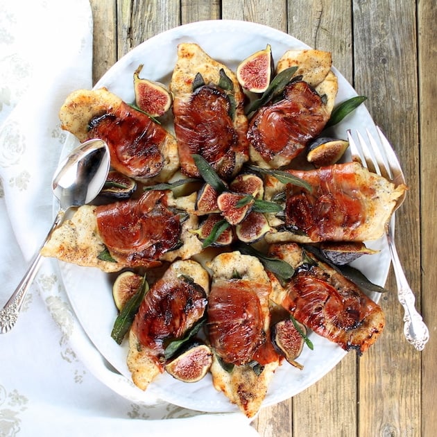 Platter of chicken fig saltimbocca (with sage wrapped in prosciutto)