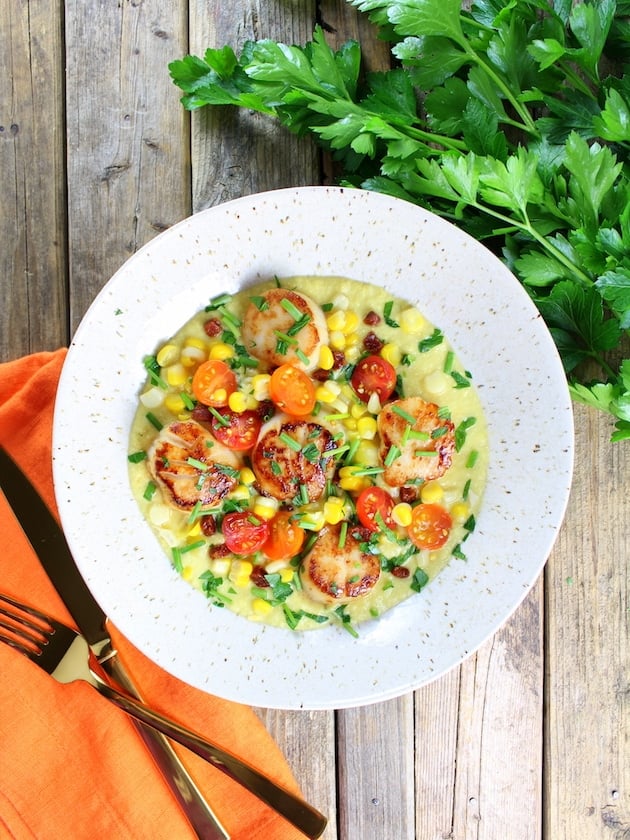 Bowl of Pan-Seared Sea Scallops with Corn Puree 