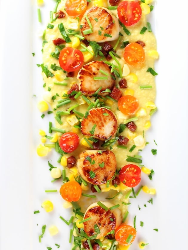 Seared scallops on a bed of corn puree