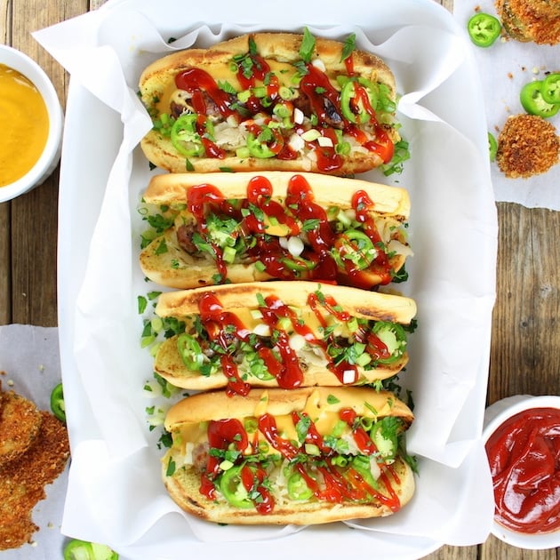 Cheesy Beer Brats with Fried Pickles