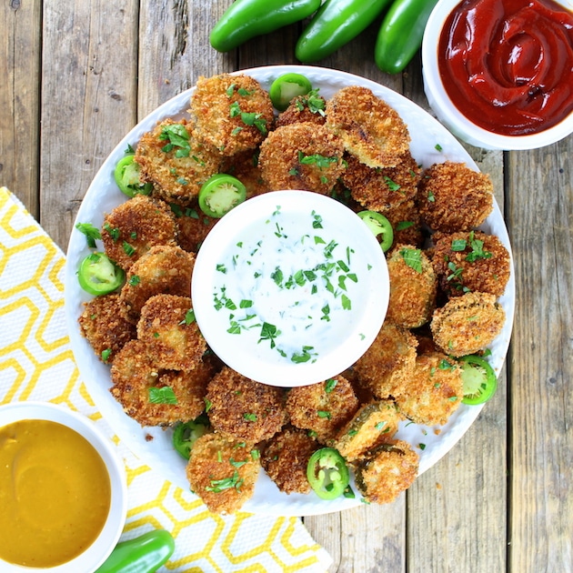 Plate of Fried Pickles with Sriracha Ketchup