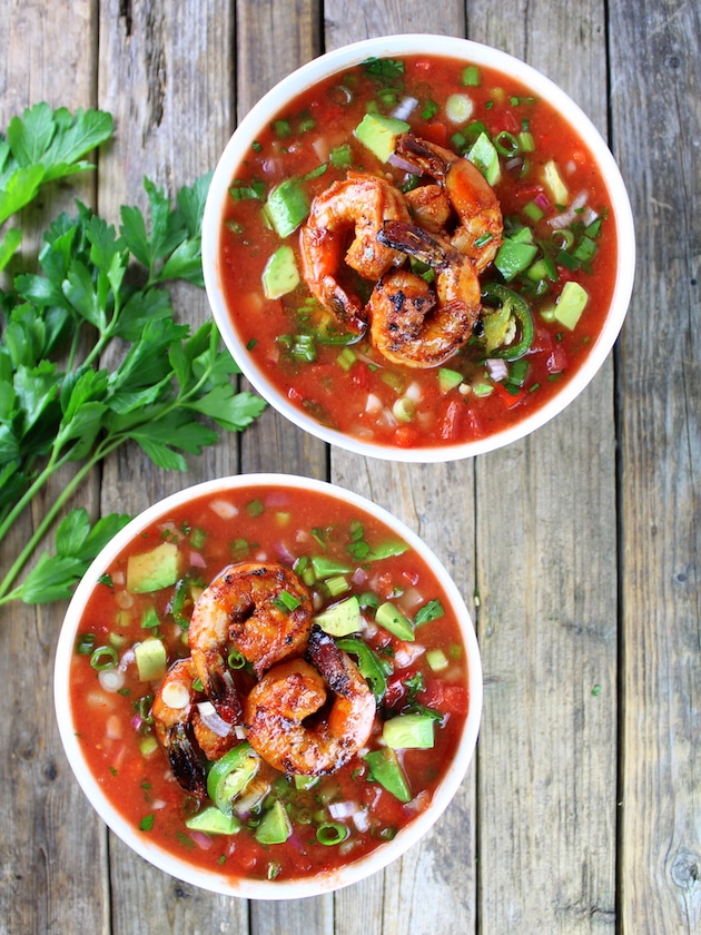 Two bowls of Classic Gazpacho with Spicy Grilled Shrimp
