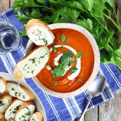 Smoky Harvest Tomato Soup with Mozzarella Crostini Recipe