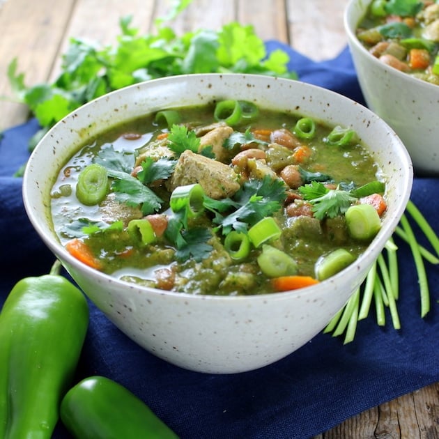 Eye level bowl of chili verde chicken soup