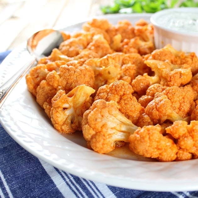 Partial platter Roasted Buffalo Cauliflower with Blue Cheese Sauce 