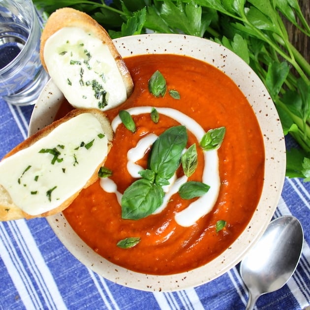 Smoky Harvest Tomato Soup with Two Mozzarella Crostini