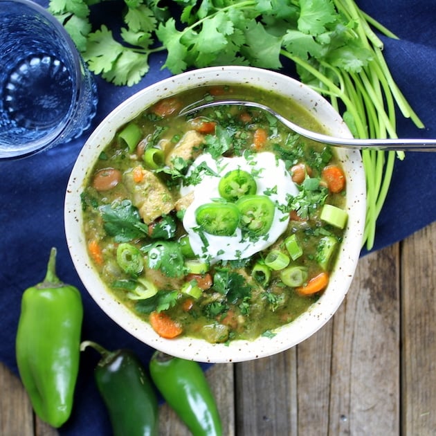 Wide shot bowl of Chicken and Green Chile Verde Soup