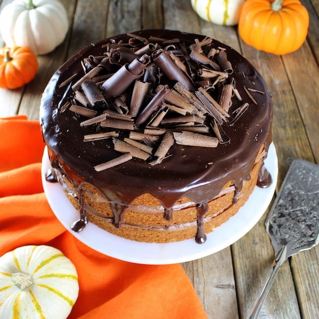 Pumpkin layer cake with chocolate ganache and shaved dark chocolate