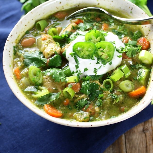 Partial bowl over top Chicken and Green Chile Verde Soup