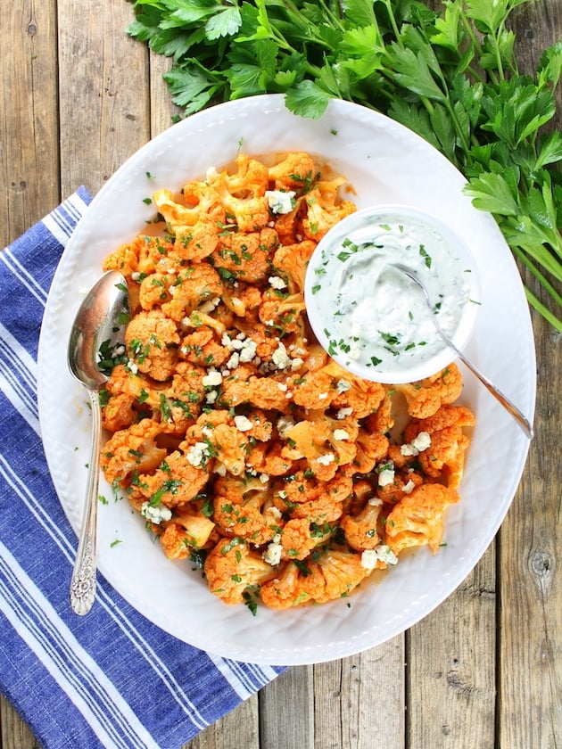 Platter of Roasted Buffalo Cauliflower with Blue Cheese Dipping Sauce