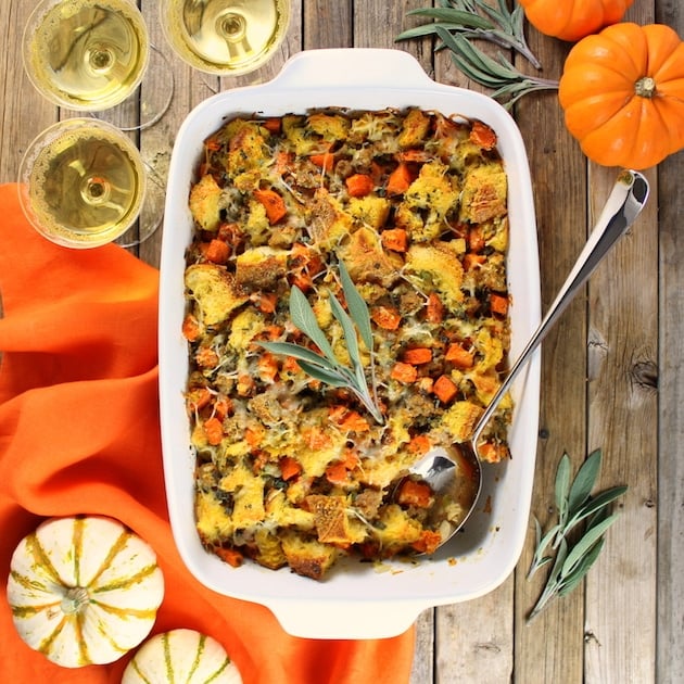 casserole dish with sausage bread stuffing